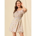 thumbnail image 3 of Unique Bargains Robe Courte à Manches Bouffantes et Taille Smockée à Col Carré Imprimé Floral pour Femmes, 3 of 6