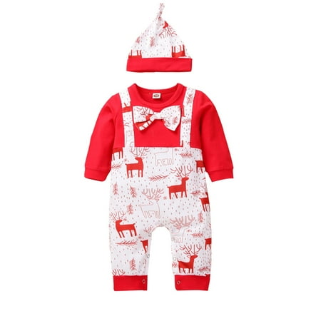 

Rovga Boys Bodysuits Romper Deer Print Long Sleeve Patchwork Jumpsuit Hat Outfits Set Kids Toddler Clothes
