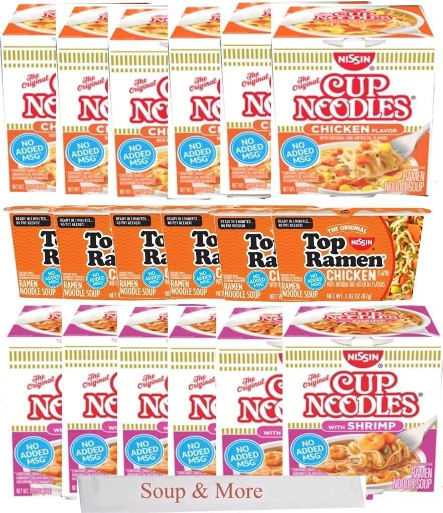 Nissin Cup O Noodles Soup Instant Cup 36 Count, 6 Shrimp, 6 Chicken & 6 Chicken Top Ramen Bowl Lunch / Dinner Variety, 3 Flavors