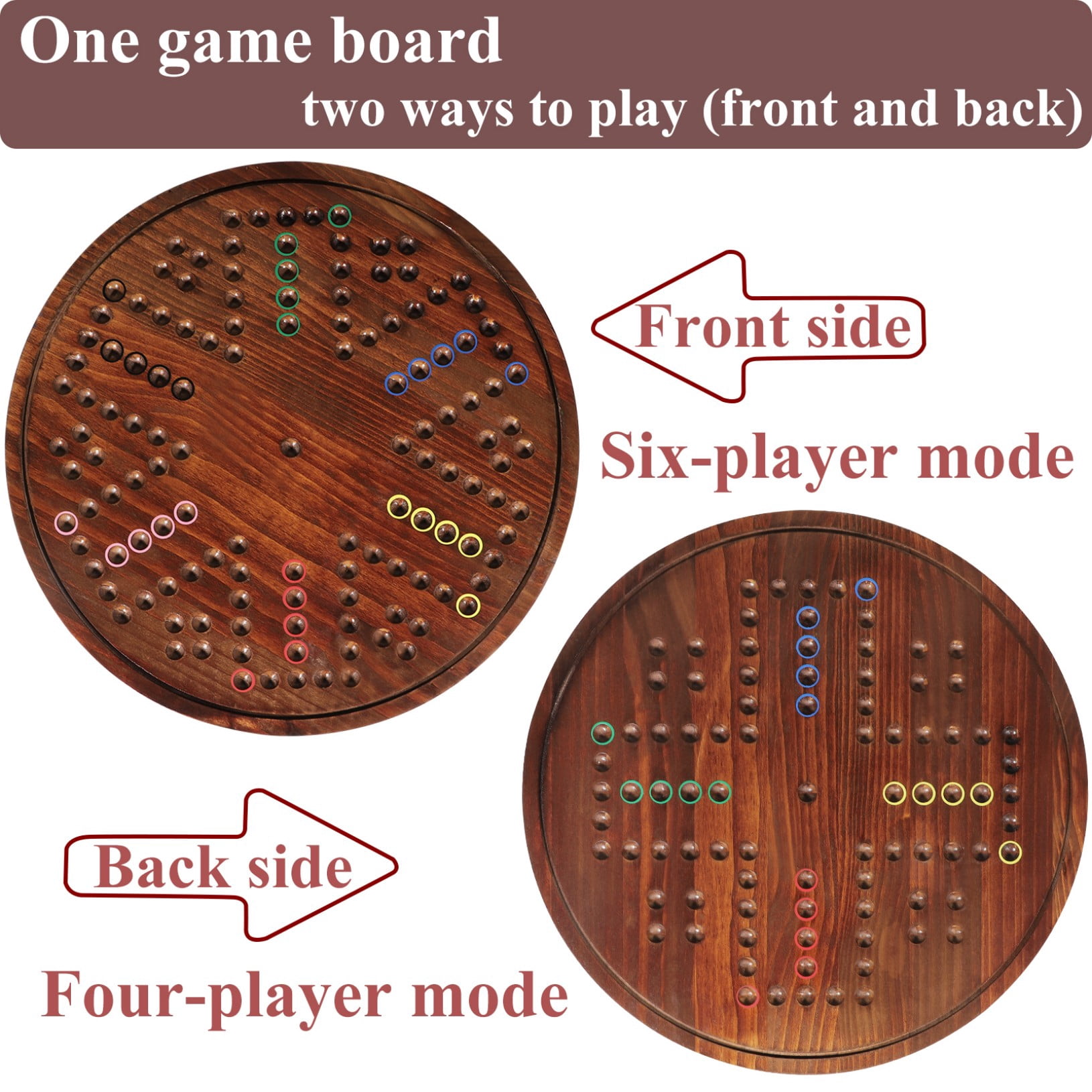 Grhonio20 in Large Original Marble Game 24 Natural Marbles Wahoo Board Game Double Sided Painted Wooden Fast Track Board Game for 6 and 4Players 6Colors 24 Marbles 6 Dice for Family Friends and Party