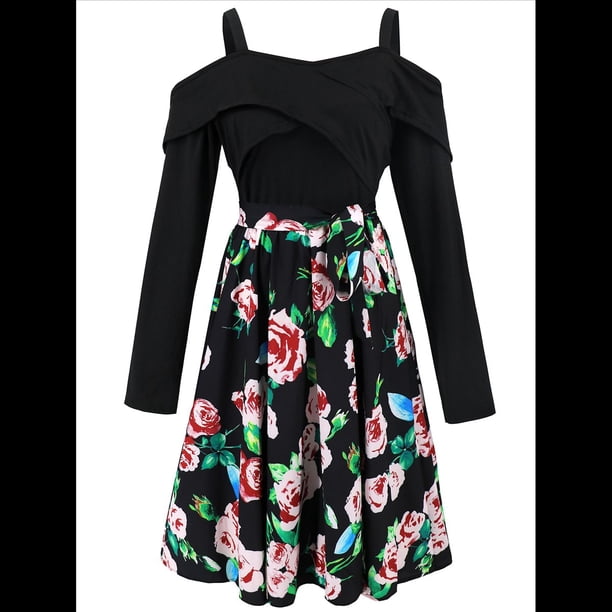 Vestido Floral de Corte A, Larga, Hombros Descubiertos y Corte Entallado para Mujer, y Otoño Negro M