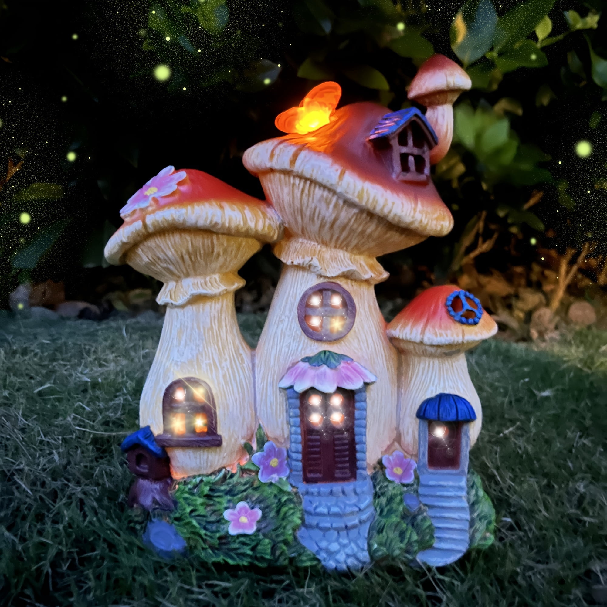 Outdoor Garden Statue Decor, Solar Mushroom House Sculptures with Glowing Butterfly