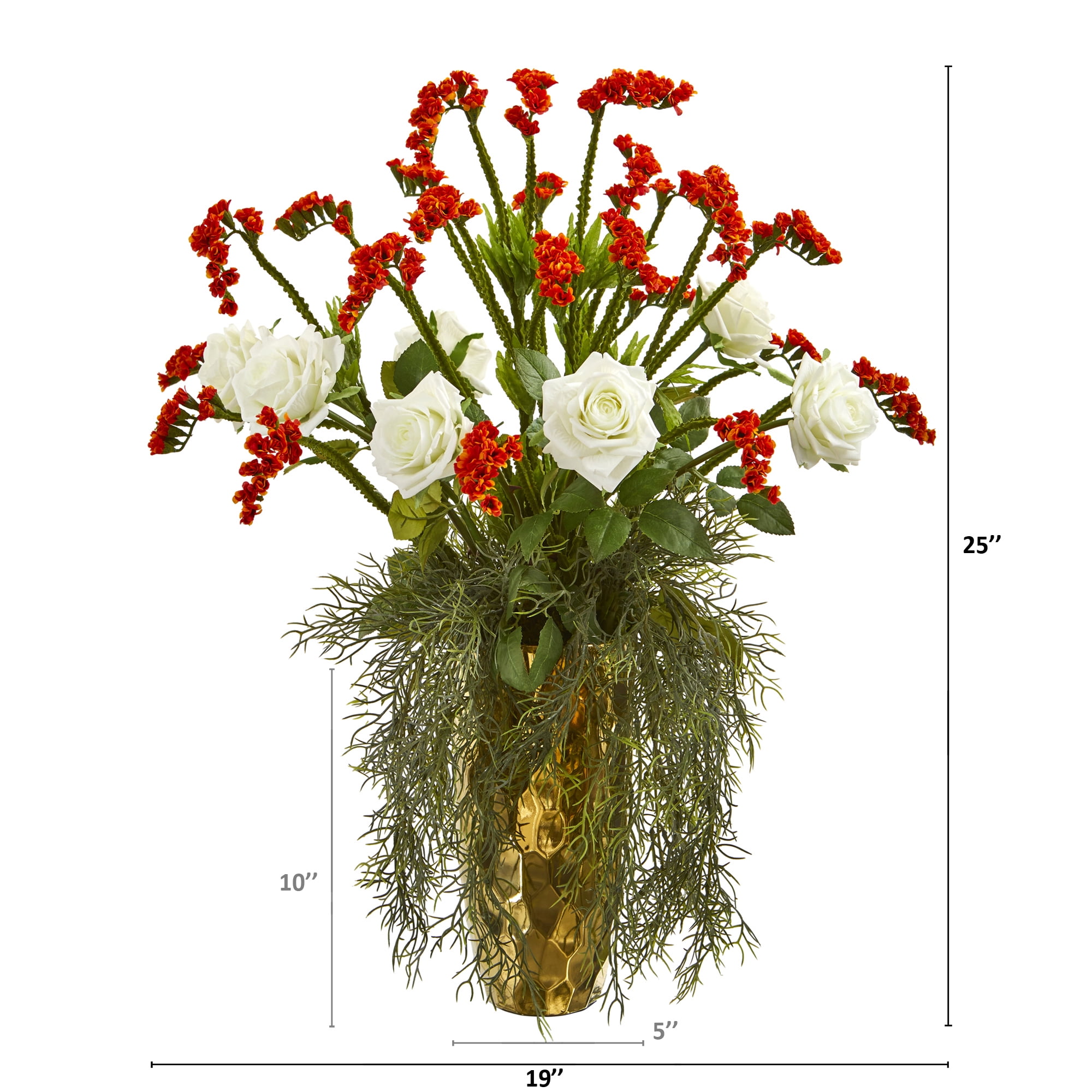 Nearly Natural 25in. Rose Artificial Arrangement in Designer Gold Vase
