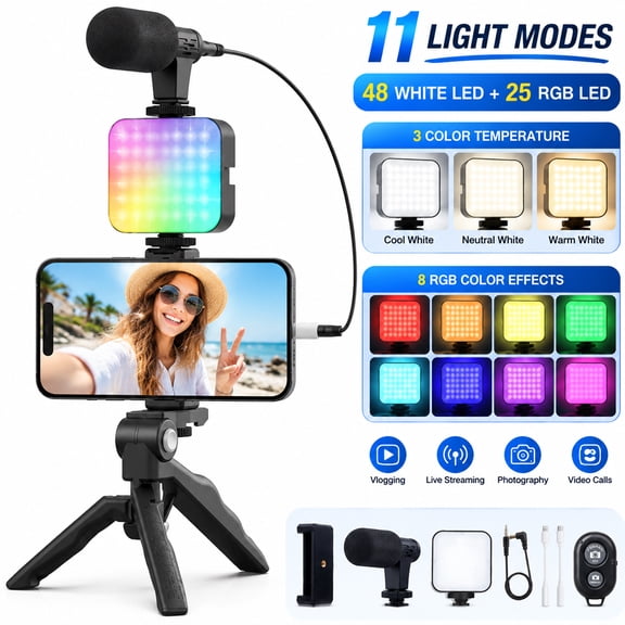 Vlogging Kit for iPhone & Android, 11 Colors Vlogging Starter Kit with 73 LED RGB Light, Mini Microphone & Tripod, LED Video Light Kit for YouTube, TikTok, Live Streaming, Video Recording