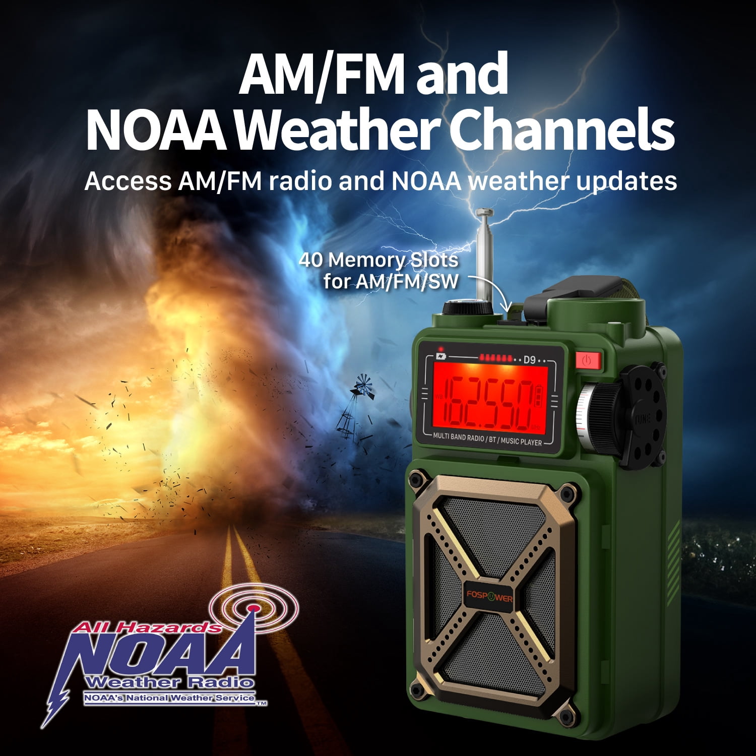 FosPower IPX3 Portable Solar Crank Emergency Weather Radio (Model D9) NOAA AM FM Hand Crank Radio w/ 14800mWh Power Bank, Bluetooth, USB, Flashlight, SOS Alarm for Home/Outdoor