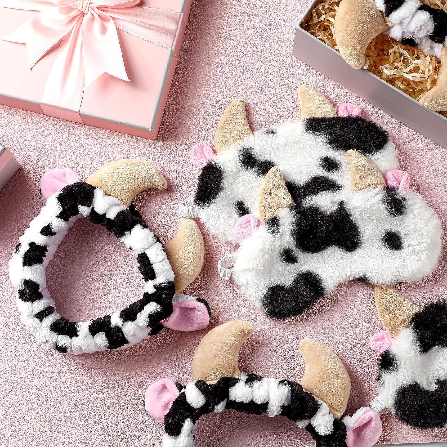 12 Pcs Cow Spa Sleepover Party Supplies for Women Soft Cow Ears Makeup Headband for Washing Face Cute Print Sleep Eye Mask for Sleepover Slumber Party Favors Gifts