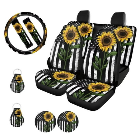 FKELYI Sunflower Car Seat Cover 11 Pieces Universal Interior Accessories Casual American Flag Automatic Decor with Car Seat Belt Cover Car Cup Coasters Keychains Steering Wheel Cover,4 of July