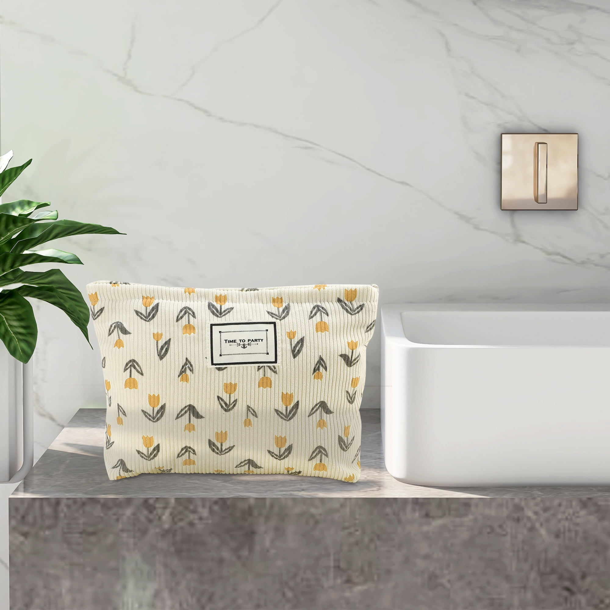 Unique Bargains Floral Makeup BagLarge Capacity Cosmetic Pouch Beige Orange
