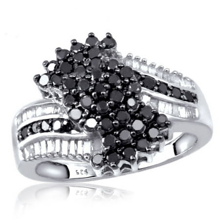 1.00 CTW Round & Baguette cut Black & White Diamond Bypass Sterling Silver