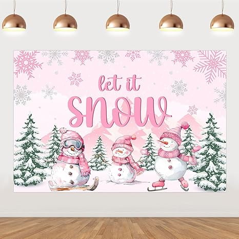 Pink Snowman Let It Snow Backdrop 3x5ft, Snowflake Winter Wonderland Background for Birthday Christmas Baby Shower Winter Holiday Party Home Wall Decor Photo Prop