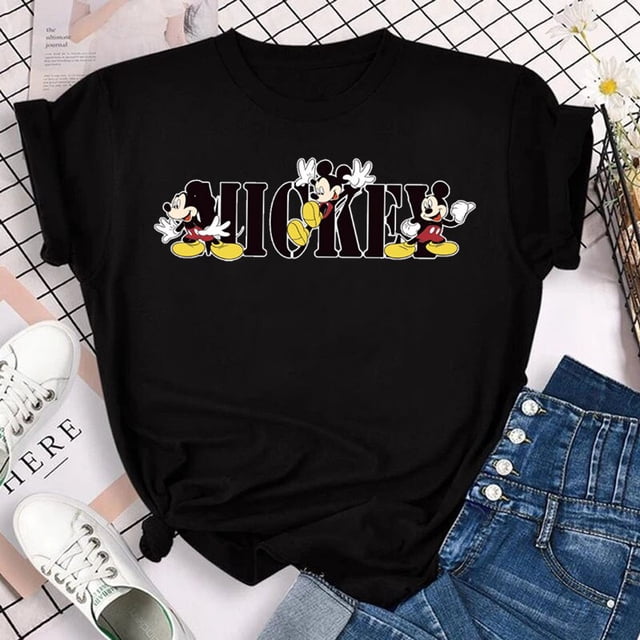 Disney Mickey Mouse Women's top Cartoon pattern women round neck casual fashion T-shirt Women's top short sleeveL Gao Jinjia LED