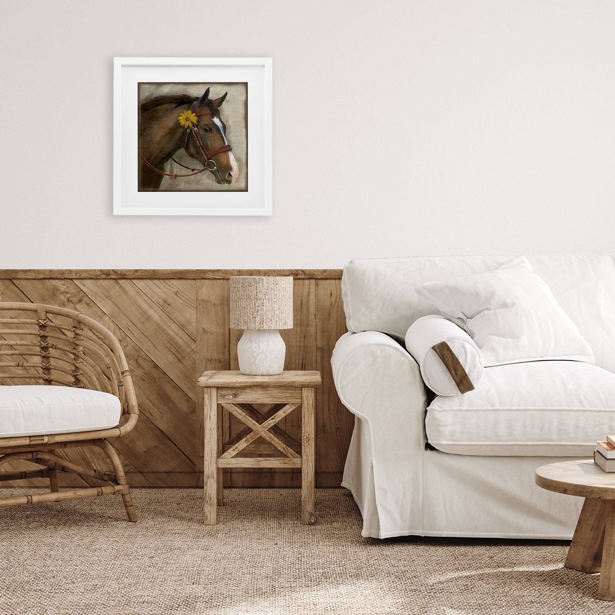 Stupell Industries Barnyard Horse with Daisy White Framed Print Under Glass, design by Suzanne Nicoll