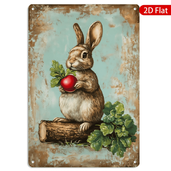 8x12 Inch Metal Wall Art Rectangular Vintage Rustic Rabbit Holding Red Radish on Log Teal Brown Distressed Background Tin Metal Decor 1pc for Home Farmhouse Kitchen Living Room