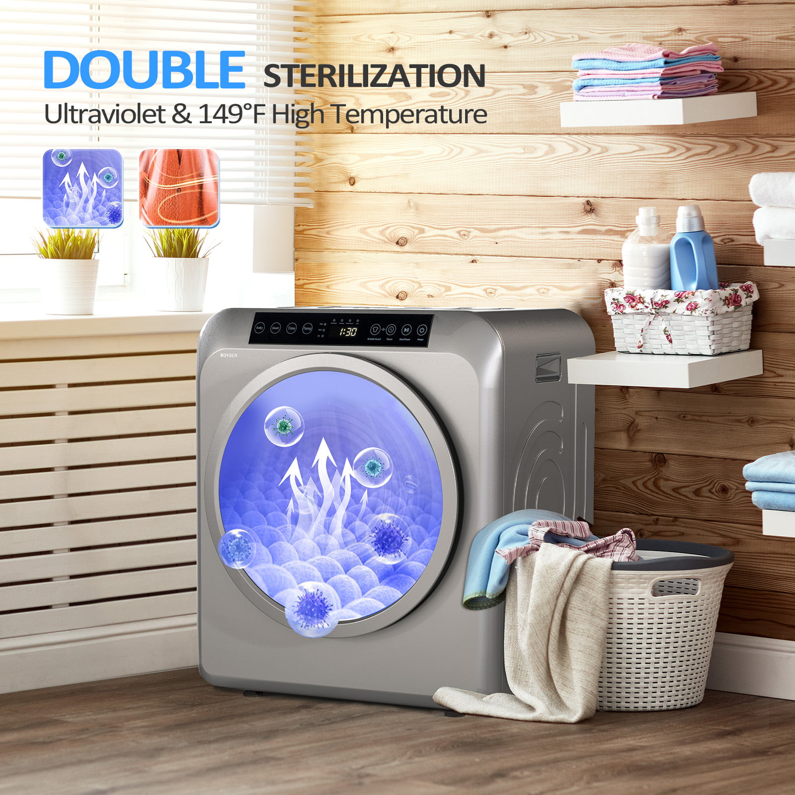 ROVSUN 13.2lb Portable Clothes Dryer, 3.5 CU.FT Front Load Laundry Electric Tumble Dryer with LCD Touch Screen, UV Disinfection for Apartment, Home