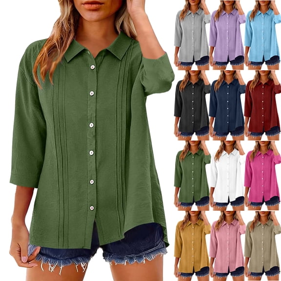 Lenago Womens Shirts V Neck Button Down Shirts Quarter Sleeve Solid Color Loose Shirt Casual Blouse Top