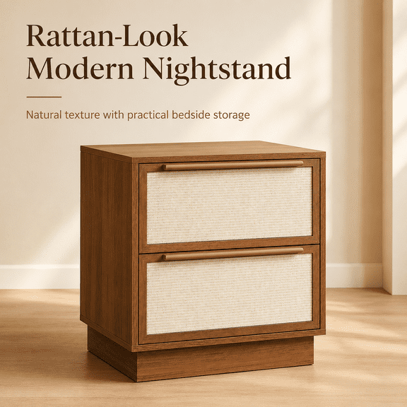 YAURA 26" Tall Warm Walnut Nightstand with Charging Station, USB-C, 2 Drawer Mid-Century Modern Bedside Table with Open Shelf & Raised Edge Tray Top, Wood Side Table for Bedroom & Living Room