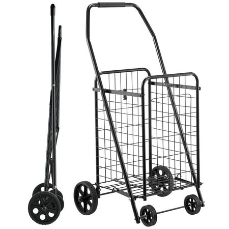 KFFKFF Foldable Shopping Cart with Swivel Wheels, 90 lbs Load Capacity Grocery Cart, Durable Rolling Basket for Laundry, Shopping, Groceries, Black