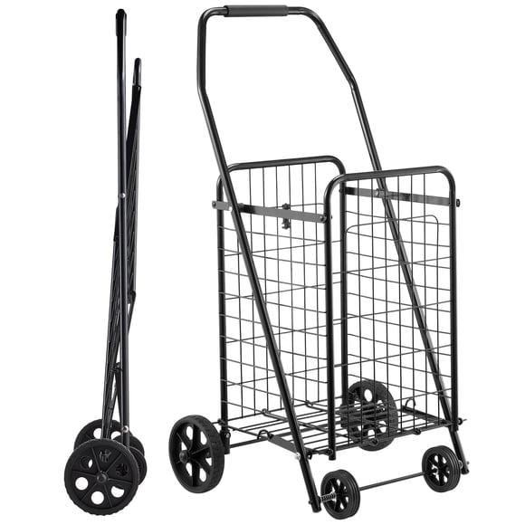 KFFKFF Shopping Cart, Folding Grocery Utility Cart with Swivel Wheels, 90 LBS Large Load Capacity, Heavy Duty Rolling Laundry Basket Butler
