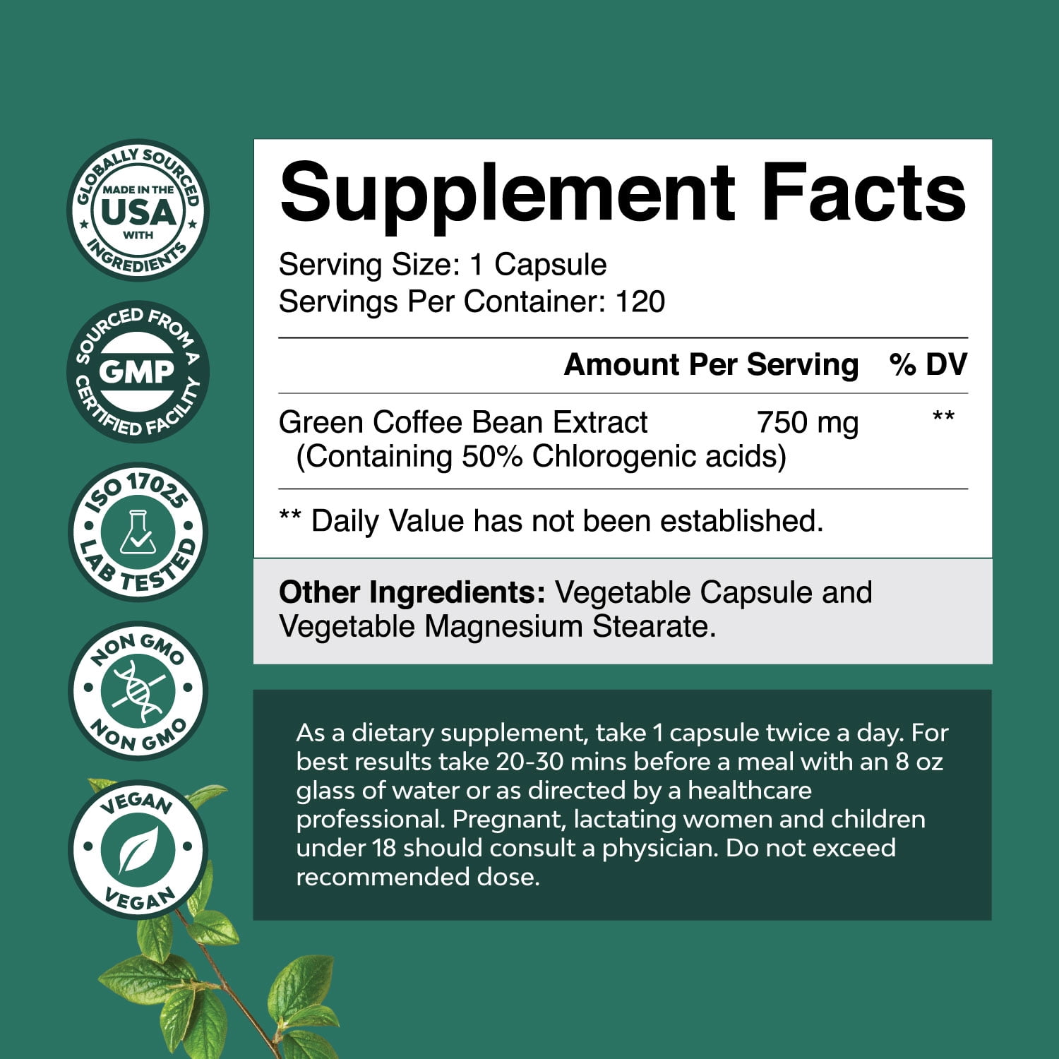 Natures Craft Green Coffee Bean Extract with Chlorogenic Acids, Weight Loss Supplement, 120 Capsules