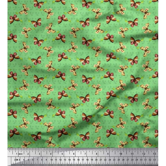 Soimoi Green Cotton Voile Fabric Leaves & Butterfly Print Fabric by Yard 42 Inch Wide