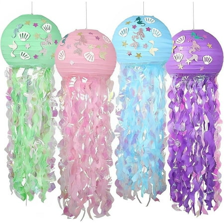 4 Pack Hanging Jellyfish Paper Lanterns, Glitter Lanterns Kit for Birthday Baby Shower Baby Room Mermaid Ocean Party Decorations