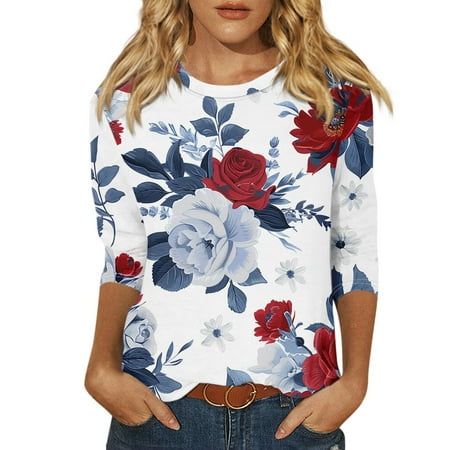 

Qcmgmg Women s 3/4 Sleeve Tops Crew Neck Floral Print Tops Three Quarter Length Loose Fit Shirts Casual 2024 Summer T Shirts Red 5XL