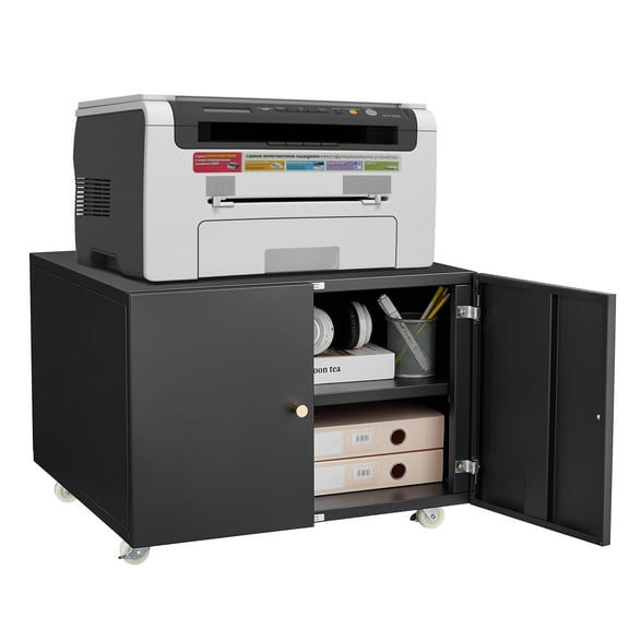 Tzou 17.7"H Metal Printer Stand with Storage, Black Mobile Under Desk File Cabinet on Wheels with Adjustable Shelf & Locking Casters for Home Office Organization