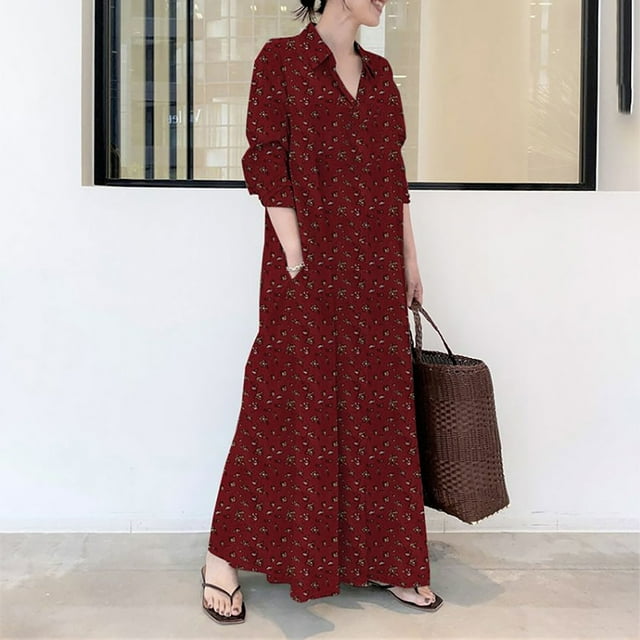 Meichang Robe Chemise à Imprimé Floral pour Femmes Grande Taille à Manches Longues à Revers Boutonnée Robes Maxi Décontractées Coupe Ample Évasée Robe en Coton et Lin avec Poches