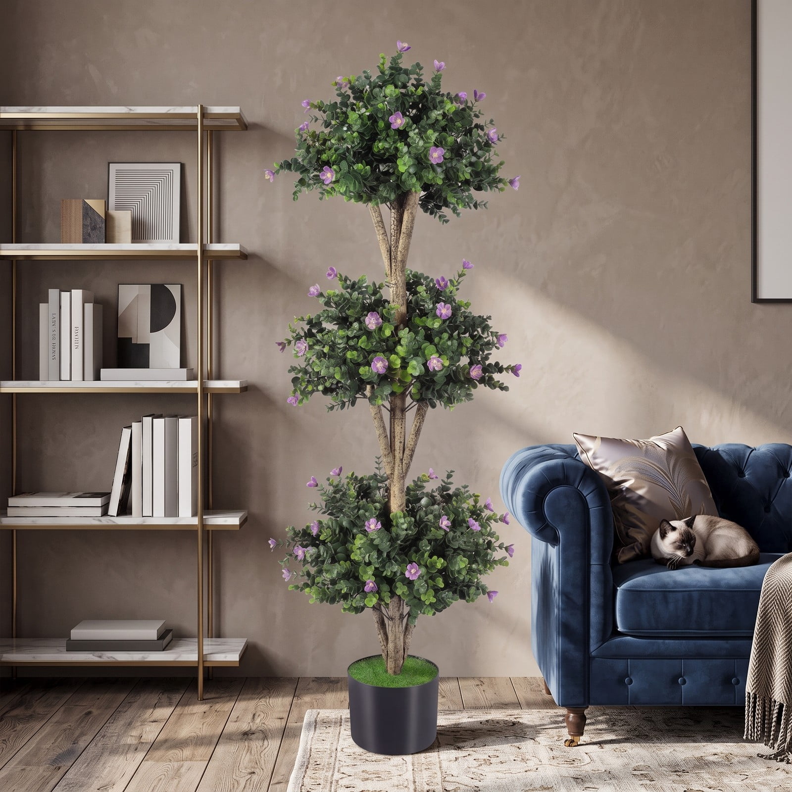 Fenbeli 51 Inch Artificial Triple Ball Boxwood Topiary Tree with 59 Purple Blossoms, Faux Potted Boxwood Plant with Cement-Filled Pot for Indoor Outdoor Porch, Purple