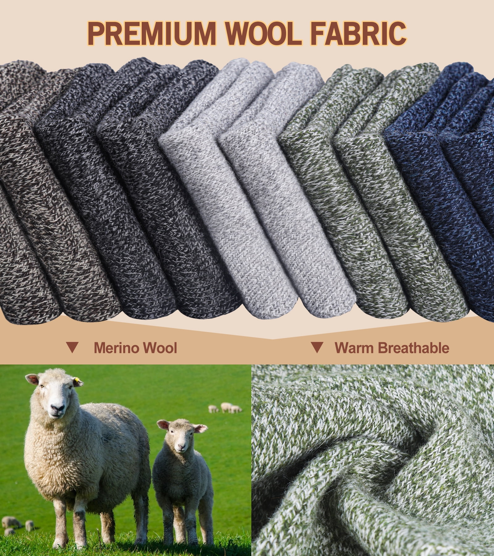5 Pairs Merino Wool Socks for Men, Thick Winter Wool Hiking Socks, Warm Breathable Crew Mens Socks(USA Size 7-13)
