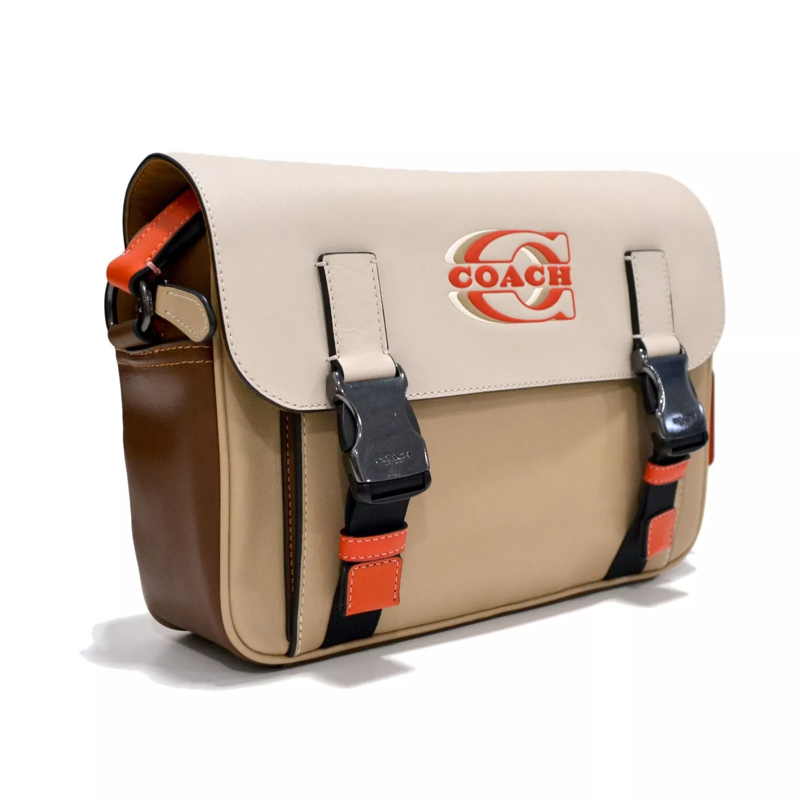 Coach Track Crossbody Purse Colorblock Coach Stamp Front Clasp Beige Bag New NWT
