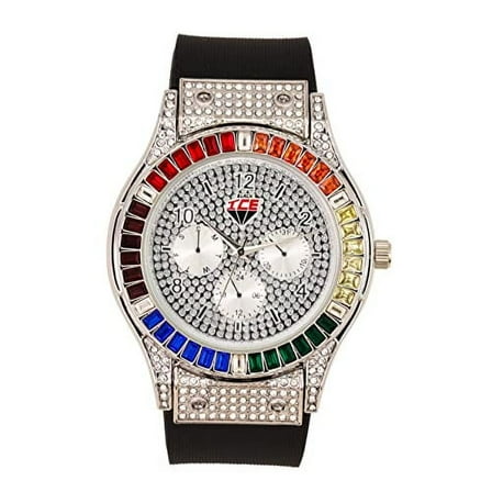 Charles Raymond Big Bling Watch Inspired by Hip Hop - Mens Iced Out Timepiece - Faux Chrono Eyes - Diamond Rainbow Rhinestones on Blast - ST10311 (ST10380 Rainbow Silver)