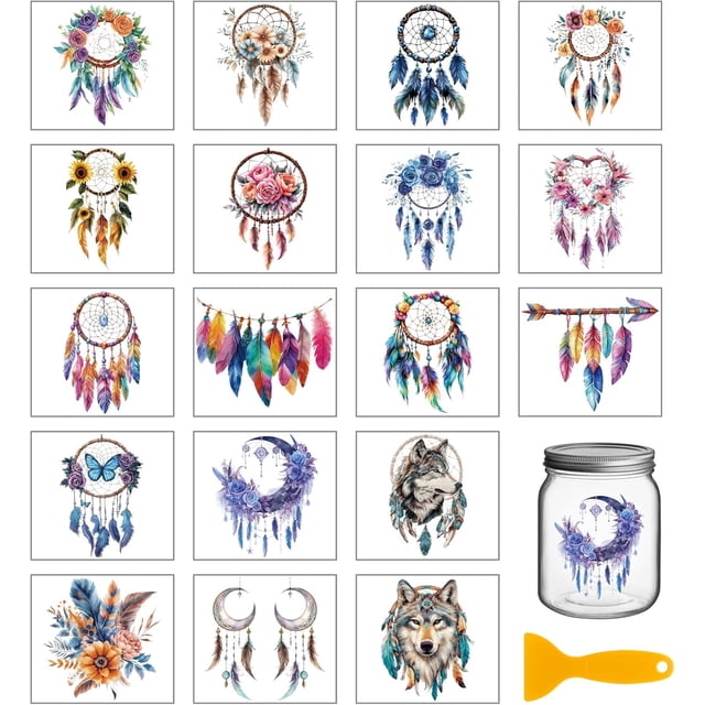 18 hojas de atrapasueños para transferencias de frotar para manualidades, plumas de colores, impermeables, UV, DTF, envolturas para tazas, calcomanías de lobo y flores