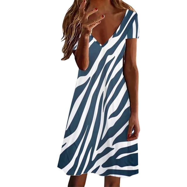 Babysbule Robes d'Été pour Femmes Liquidation Robe Décontractée Col en V Été Imprimé Floral Manches Courtes Robe de Plage Ligne A