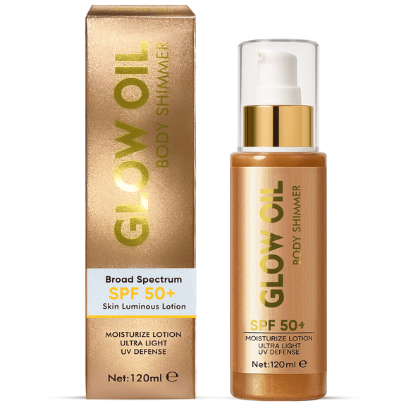 Body Glow Oil, Shimmer Body Oil, SPF 50 Broad Spectrum Sunscreen Body Oil for Beach Holidays, 3.38 fl oz