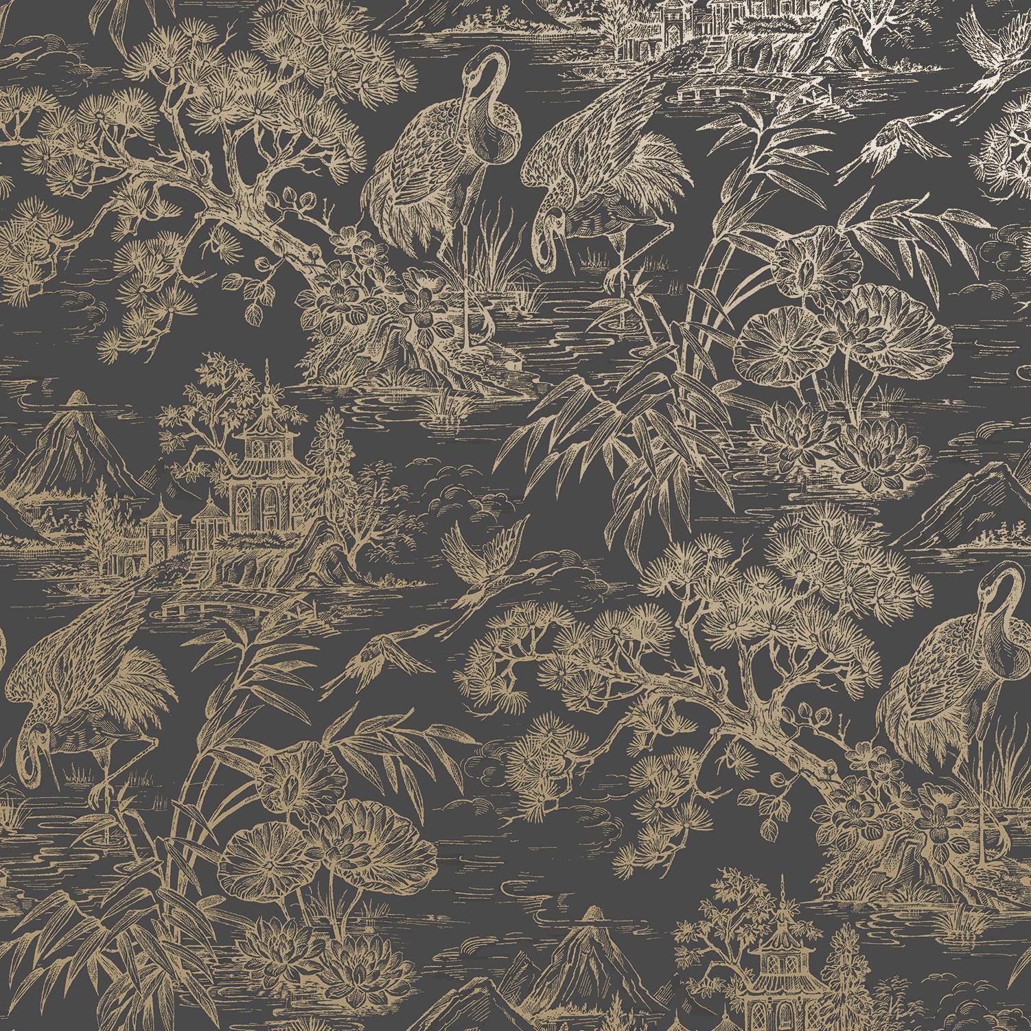 Charcoal Gold Majestic Crane Tropical Wallpaper