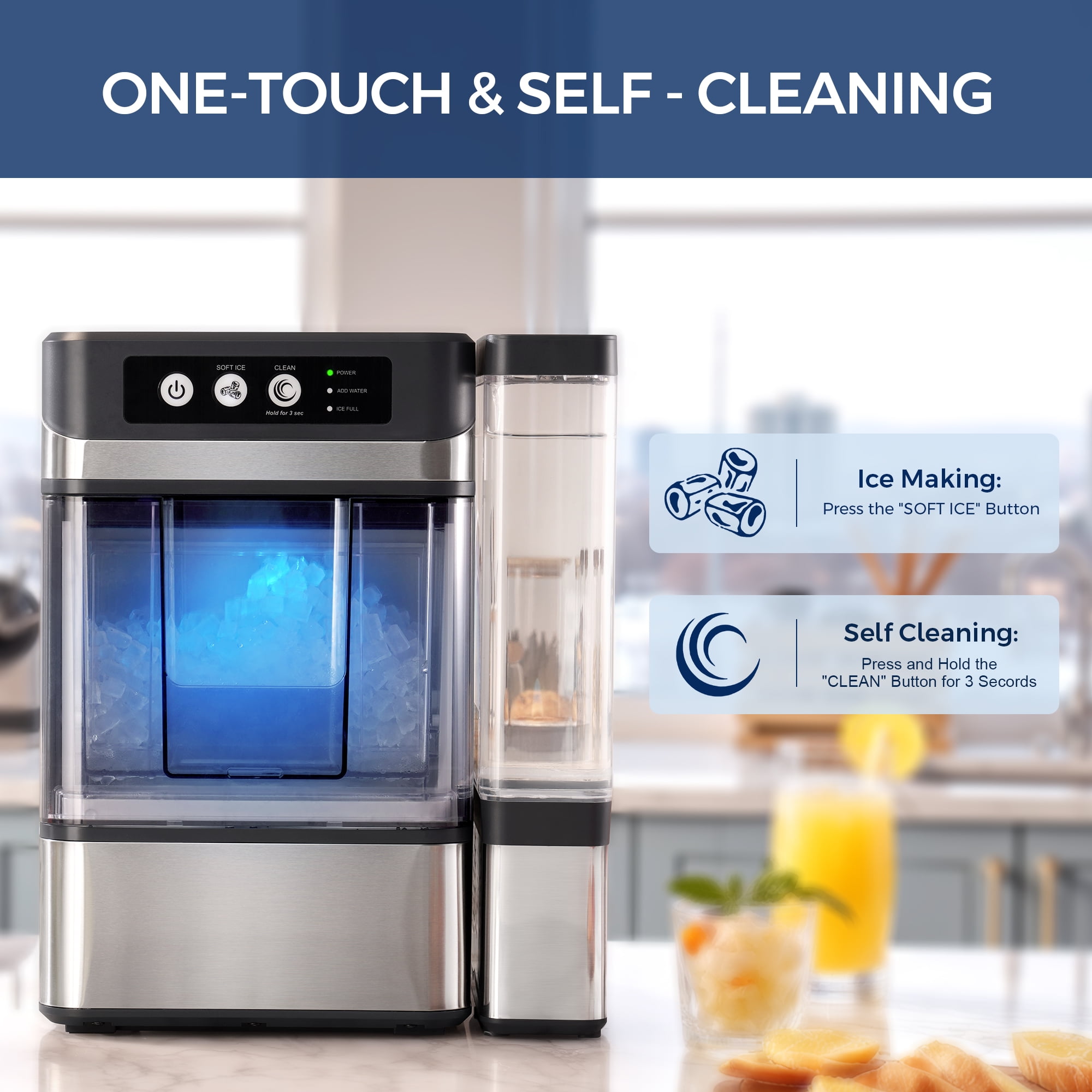 Nugget Ice Maker Countertop with 0.8Gal Removable Tank, 41Lbs/24H, One-Touch Fast Ice in 6 Mins, Self-Cleaning & Ultra Quiet for Home/Office/Party