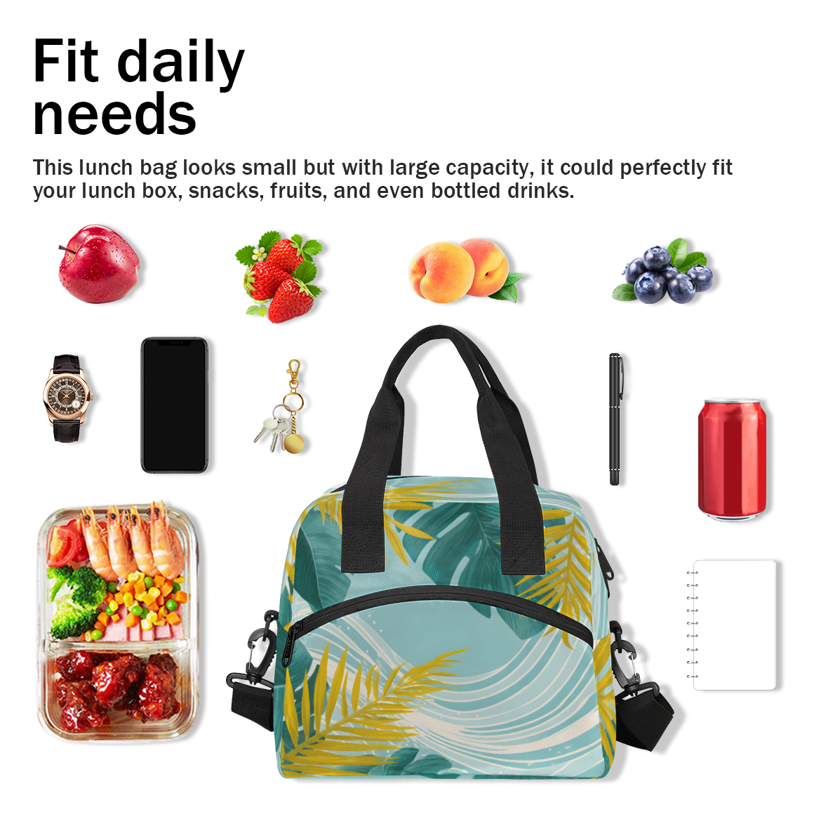 Herdesigns Plam Tree Leaf Insulated Lunch Bag for Women Men Adults Large Reusable Lunch Box Beach Leakproof Cooler Tote Bags with Adjustable Shoulder Strap