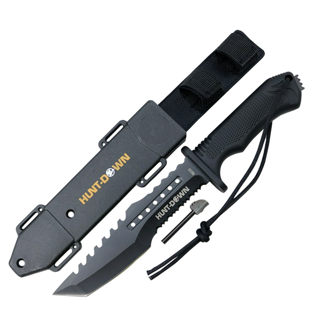 HuntDown 12" Tactical Survival Knife with Fire Starter and ABS Sheath New