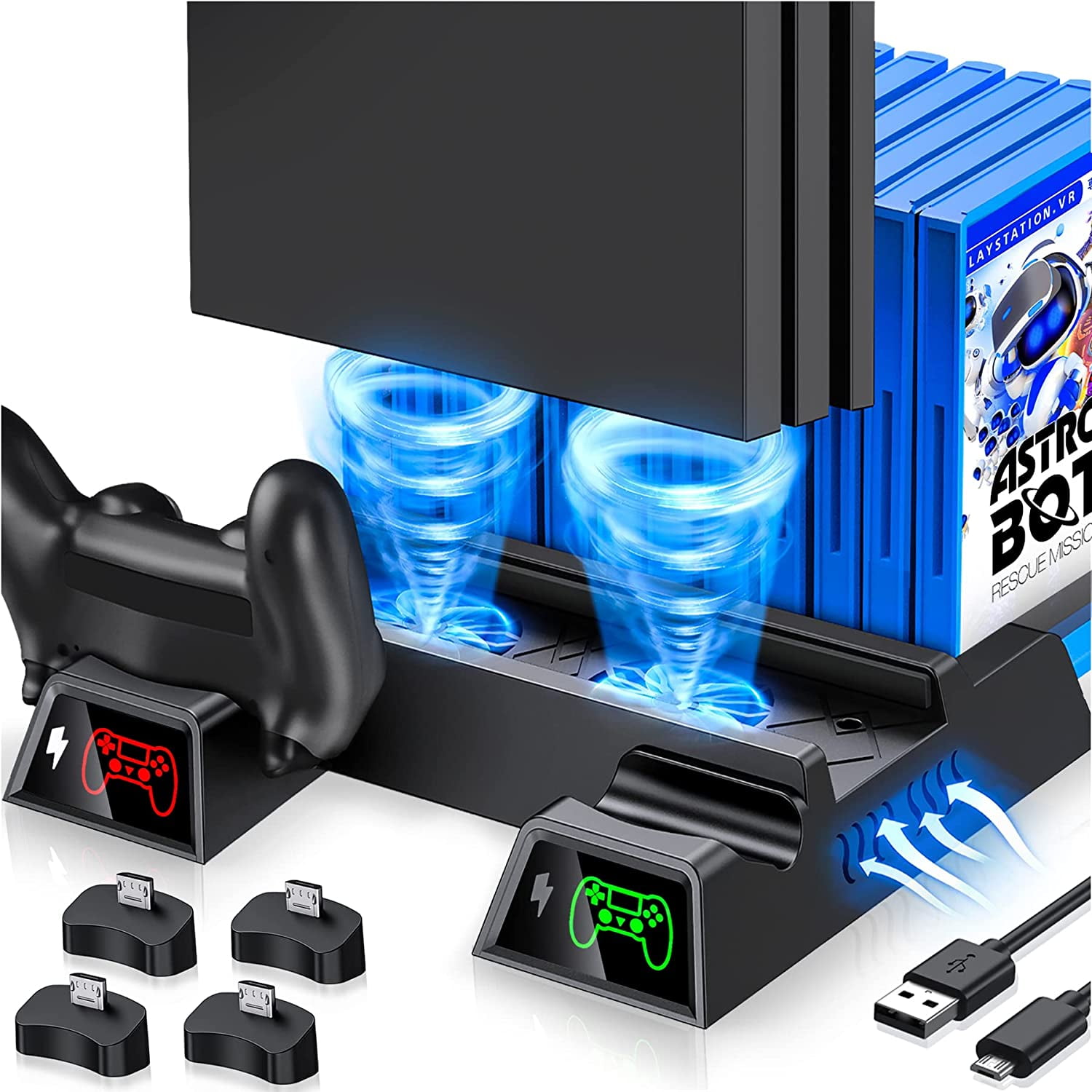 BEBONCOOL PS4 Stand Cooling Fan with Dual Controller Charging Station for PS4 Slim/ PS4 Pro Gaming Consoles, Accesossries with 12 Game Storage Black - Walmart.com