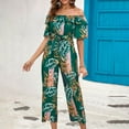 thumbnail image 4 of Usmixi Jumpsuits for Women Dressy Beach Vacation Elastic Waist off Shoulder Jumpsuits Overalls with Tie Summer Square Neck Short Sleeve Leaves Print Long Formal Rompers Green m, 4 of 6