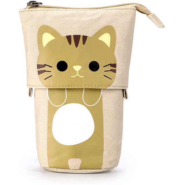 Estuche para lápices con base ajustable - Estuche para lápices de lona con lindo gato de dibujos animados para bolsa de almacenamiento de papelería Café + Amarillo JFHHH pequeña