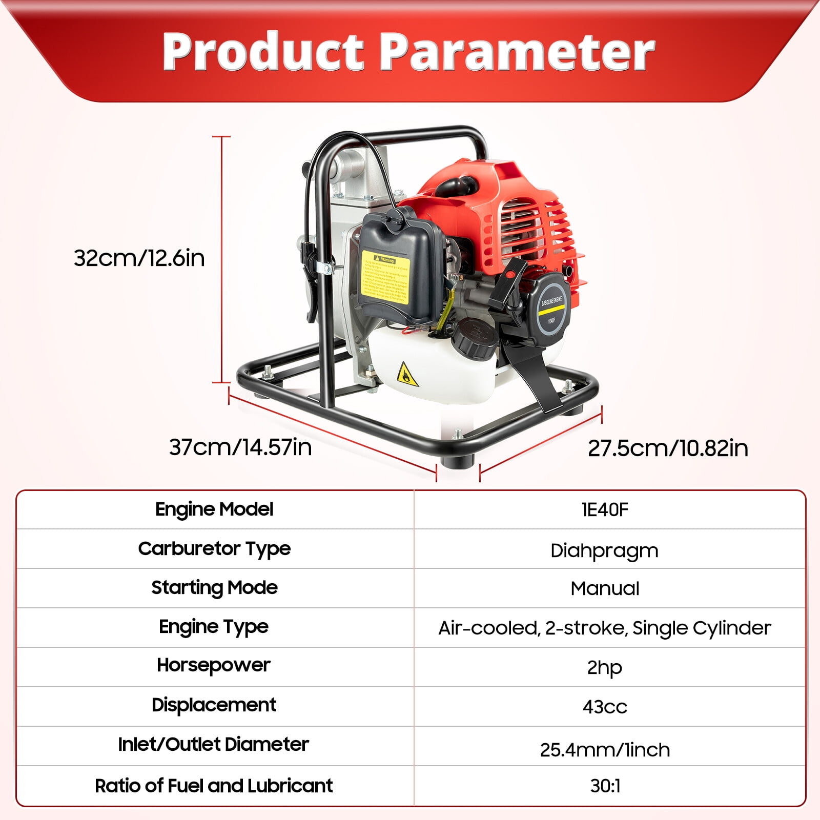 Water Pump, 43CC 2-Stroke Gas Water Pump, 2 HP Engine with 1 Inch Inlet Outlet, Max Flow 8 m³/h, Max Head 98.4 ft, for Irrigation, Pond, Pool, Flood Water Transfer, Portable and Durable