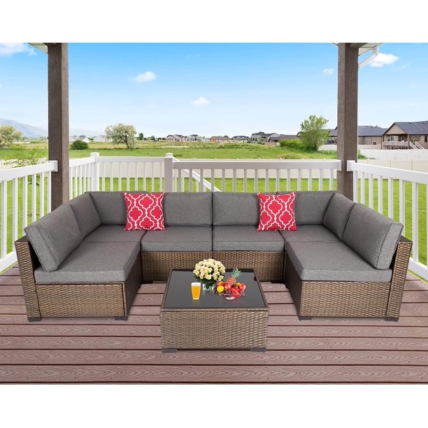 Kinbor 7pcs Outdoor Patio Furniture Set Wicker Sectional Sofa with