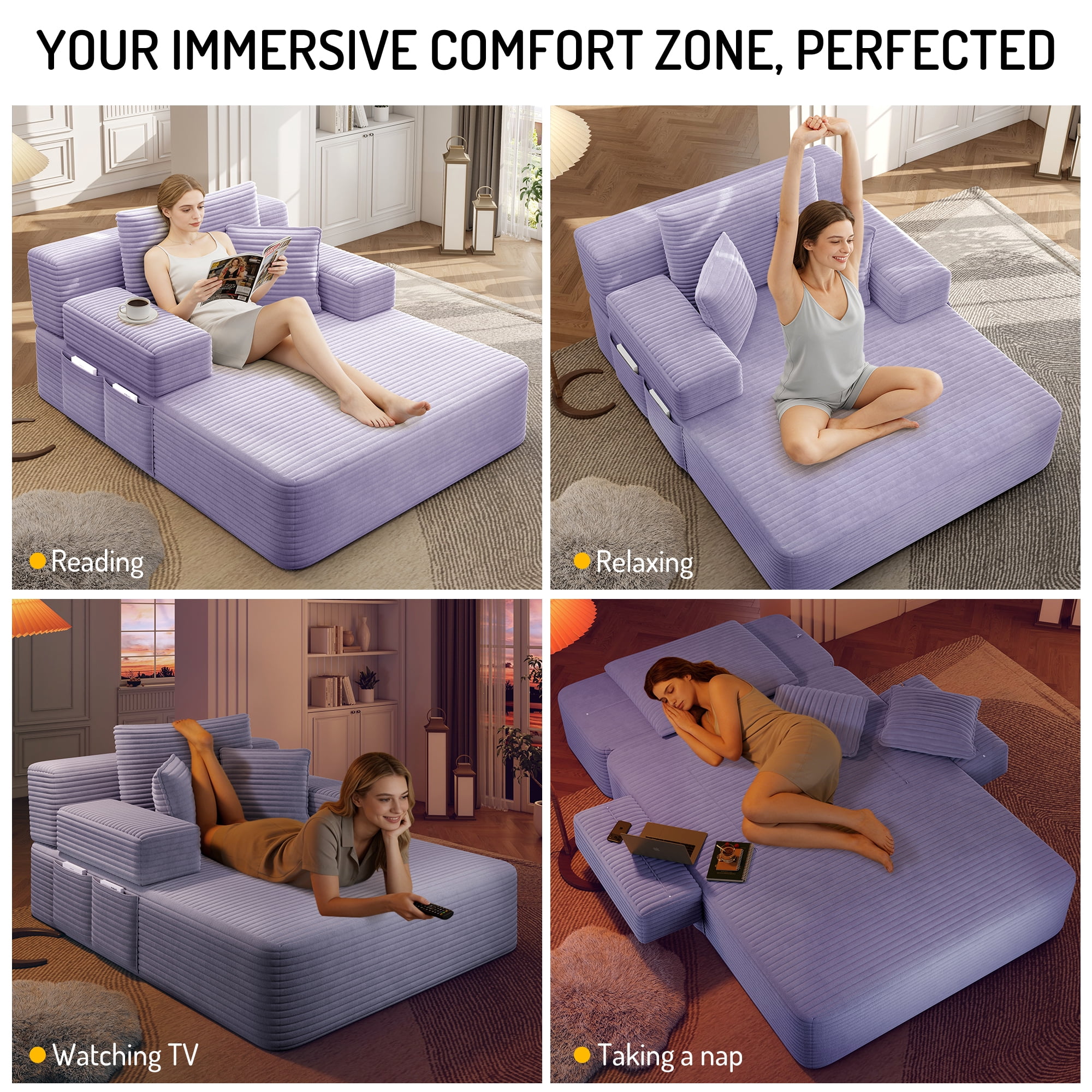 Aukfa Oversized Corduroy Chaise Lounge Chair, Convertible Boneless Sleeper Sofa Bed with 3 Pillows&Storage Pockets, Purple