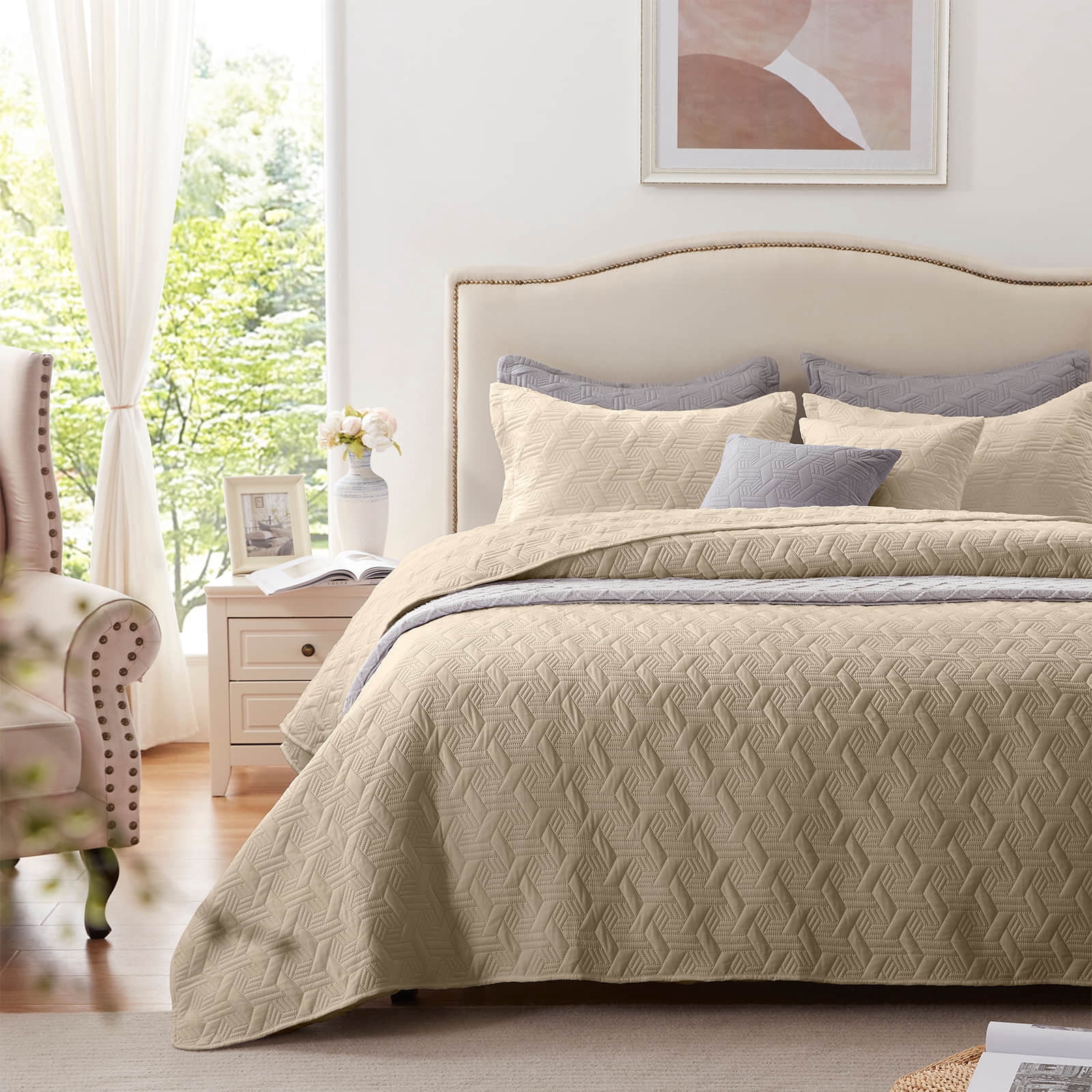 Quilt Set King Size 3 Pieces, Lightweight Beige Bedspread-98''x106'', Soft Microfiber Summer Quilt/Coverlet,Luxurious Warm Bedding Sets for All Seasons (Includes 1 Quilt, 2 Shams)