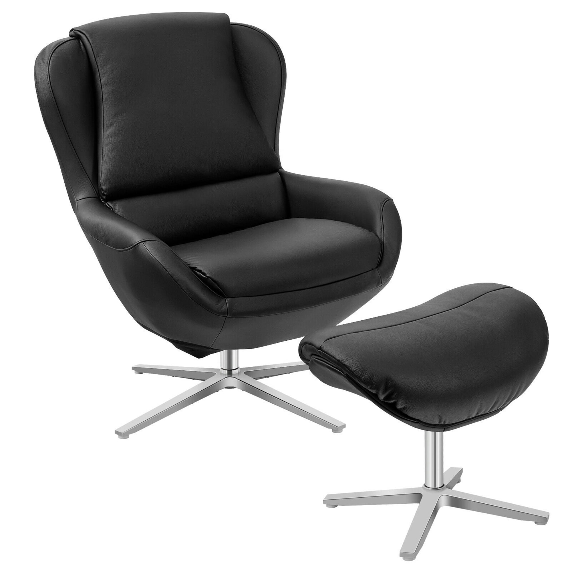 Gymax Swivel Rocking Chair Top Grain, Black Leather Rocking Chair With Ottoman