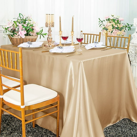 Wedding Linens Inc. 90" x 132" Satin Seamless Rectangular Table Cover Linen Tablecloth - Champagne
