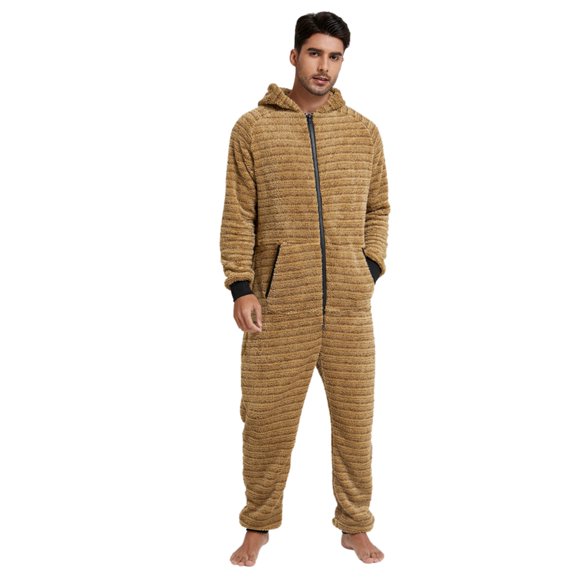 HBFAGFB Jumpsuit Pajamas for Men Zipper Hood Comfort Long Sleeve Nightwear with Pockets Khaki Size S