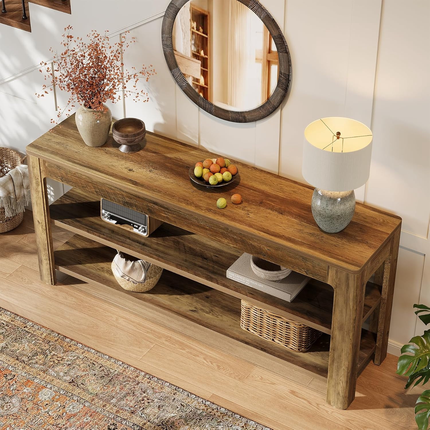 Finmind 63" Sofa Entryway Table, Farmhouse Wooden Console Table with Storage Shelves, Rustic Brown
